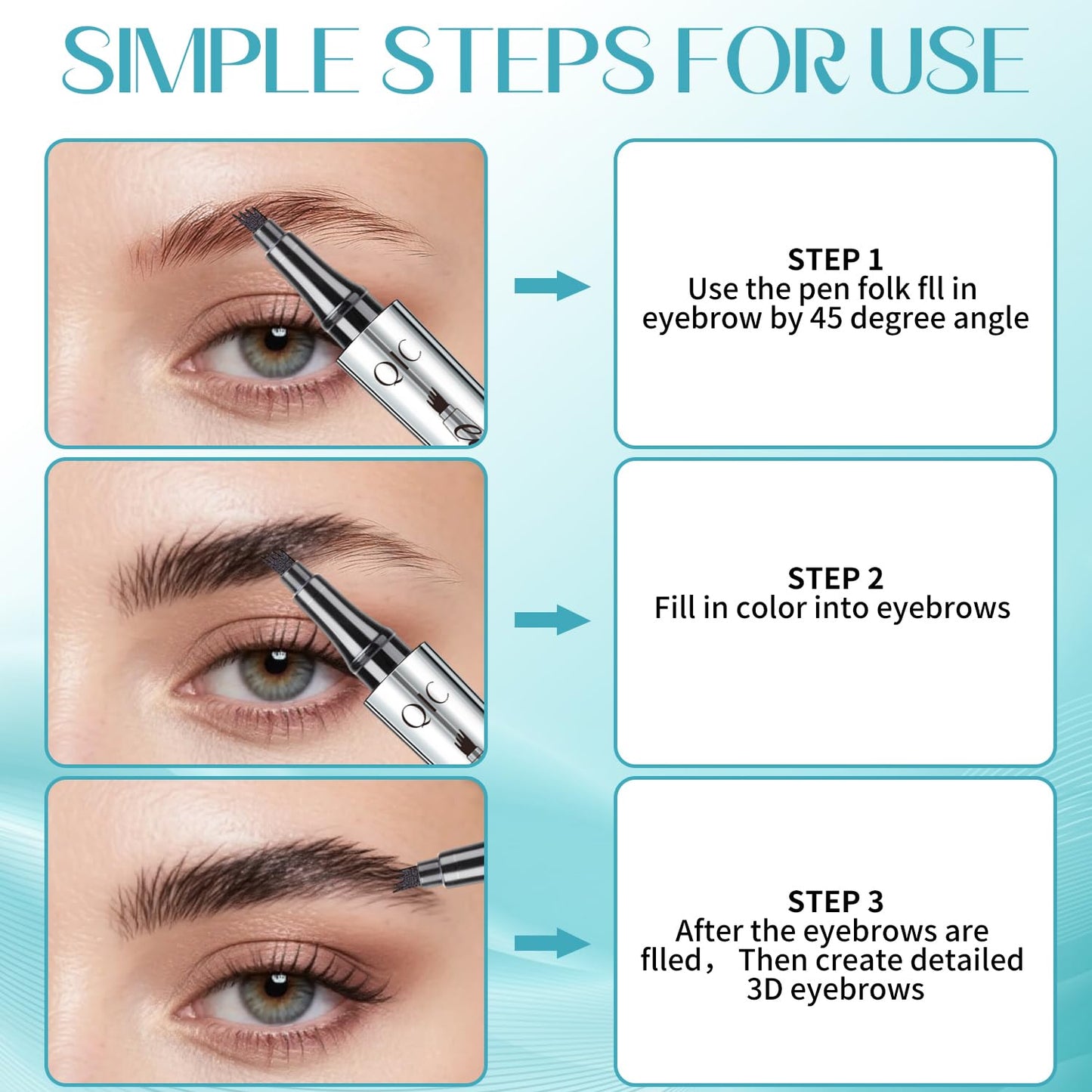 Eyebrow Pencil, Eyebrow Pen, Faux Brow Filling with 4-Fork-Tip Create Natural Hair-Like Brows Last All Day Makeup Brow Stylist Definer Waterproof Fills in Sparse Areas and Gaps (dark brown)