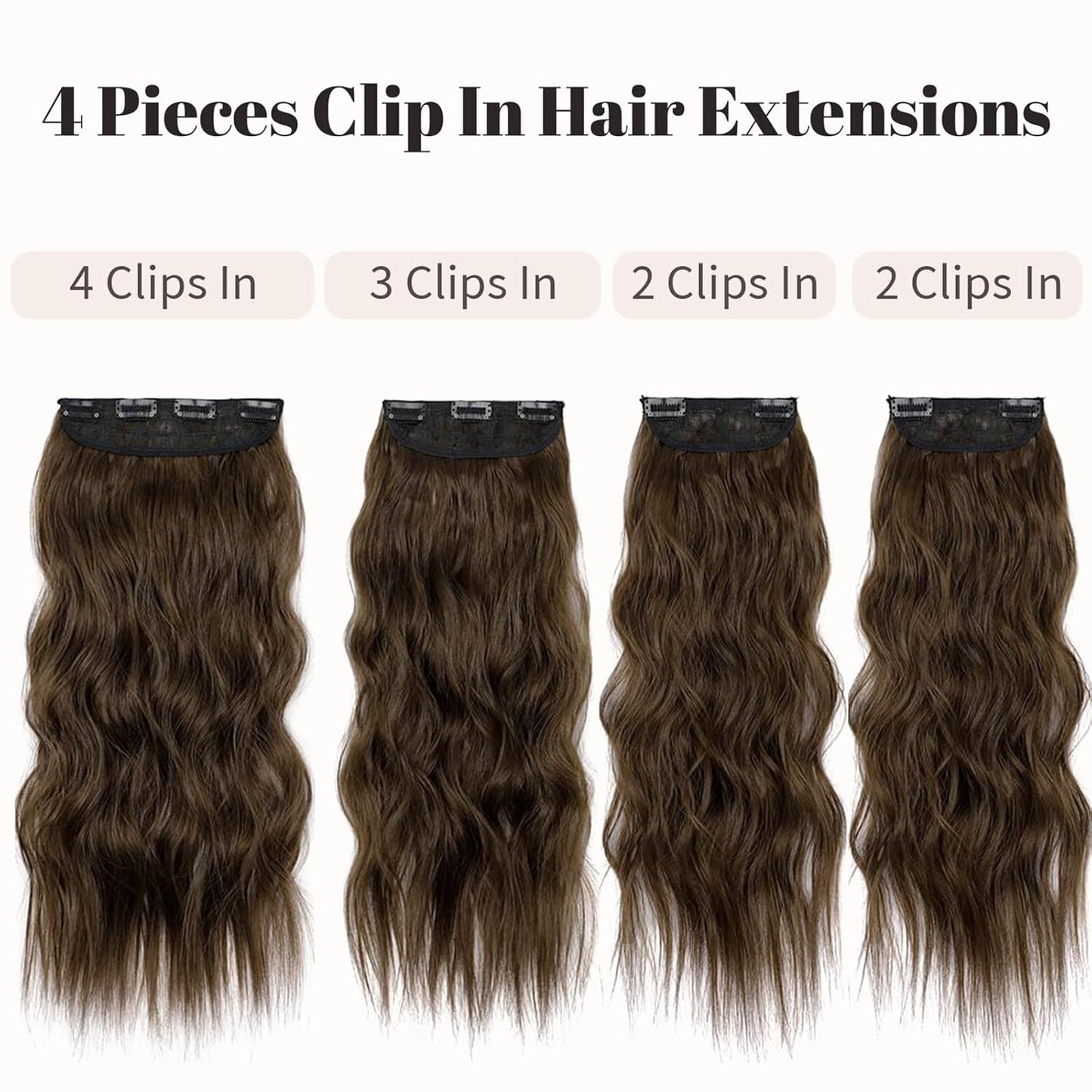 KooKaStyle Clip in Synthetic Hair Extensions Long Wavy 4PCS Thick Hairpieces Chestnut Brown Fiber Double Weft Natural Hair Extensions 16 Inch for Women