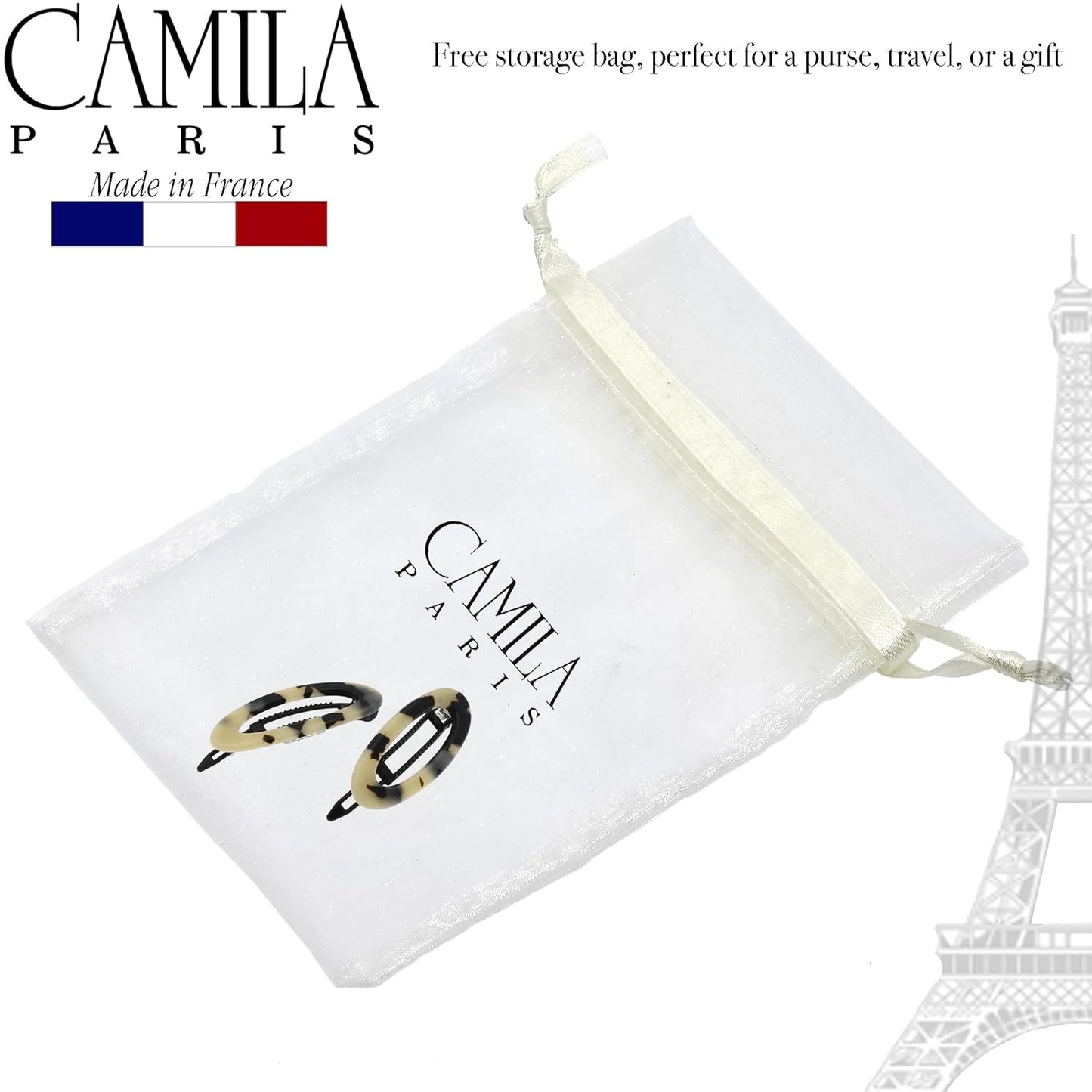 Camila Paris CP1992/2 French Hair Barrette Clip for Women, Handmade, Side Slide-in Metal-Free Closure, Strong Hold Grip Hair Clips for Girls, No Slip Durable Styling Hair Accessories, Made in France
