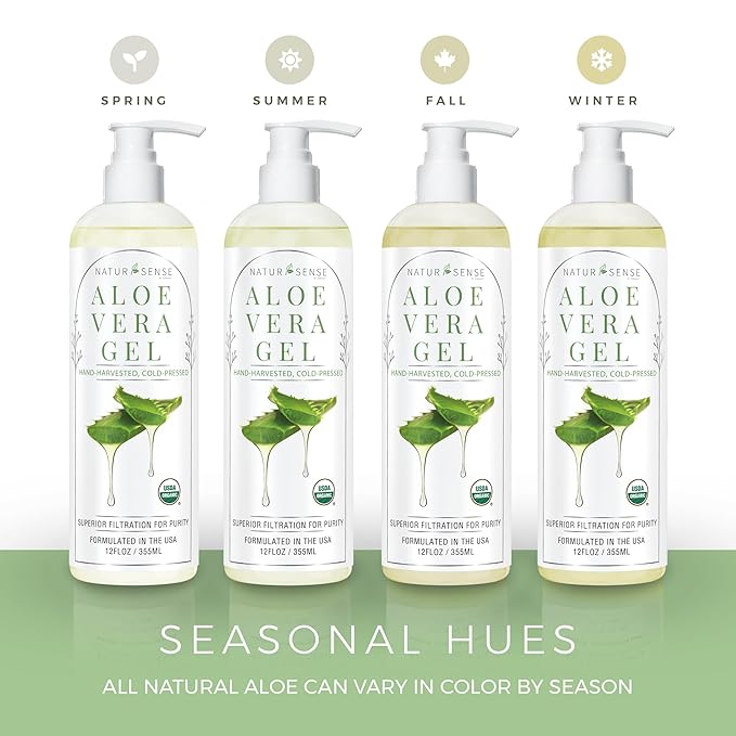 NaturSense USDA Organic Aloe Vera Gel from 100% Pure Aloe. Same Gentle Aloe, Pink/Amber Color is Natural. Great for Hair, Scalp, Face, Dry Skin, Acne, Sunburn, Sensitive Skin. Unscented, 12 oz.