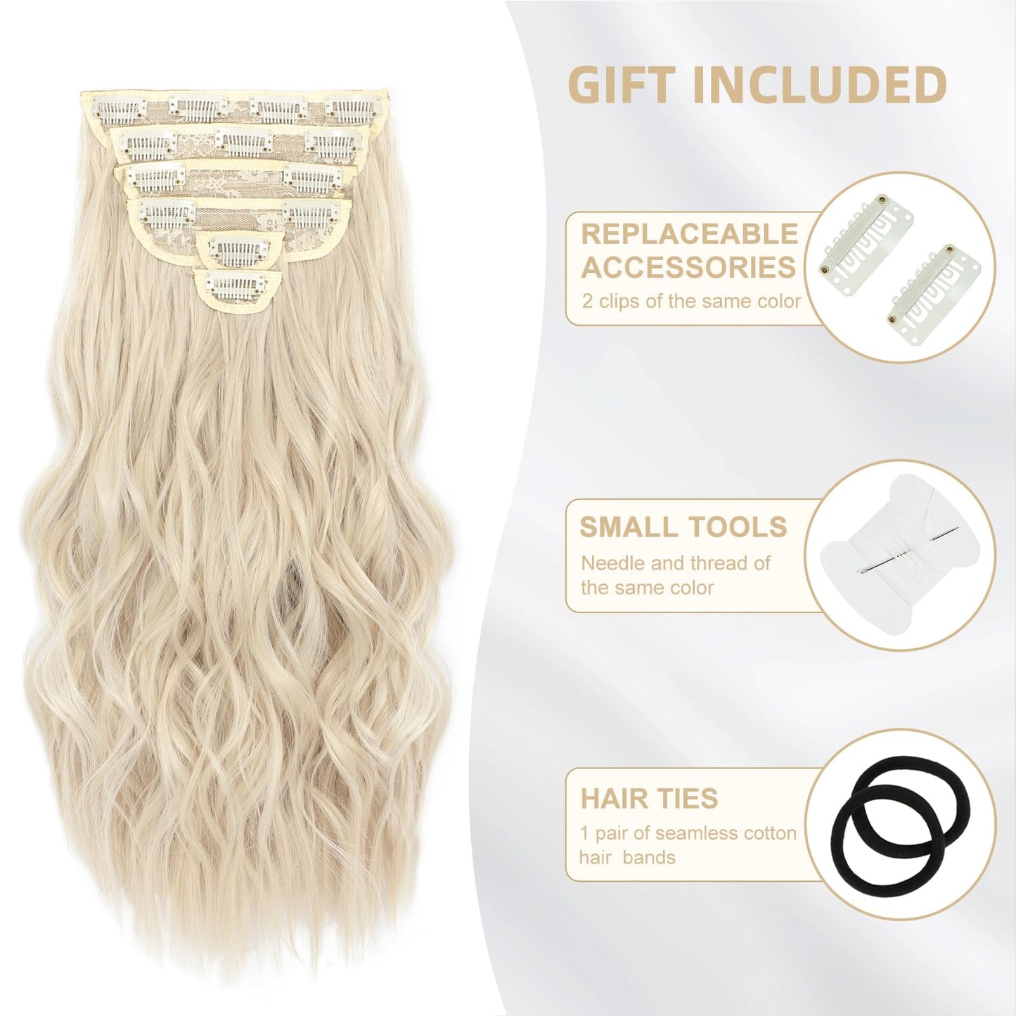 Clip in Hair Extensions, 6 pcs Natural & Soft Hair & Blends Well Hair Extensions, Dark White Lonng Wavy Hairpieces(20inch, 6pcs,Dark White)