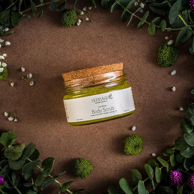 HERBARIA Body Scrub - FRUIT BOMB (7 oz) | Exfoliating Sugar Scrub with Panifolia Fruit, Shea Butter, Avocado Oil, Safflower Seed Oil, Almond Oil | 100% Sustainable - 100% Vegan, Cruelty Free