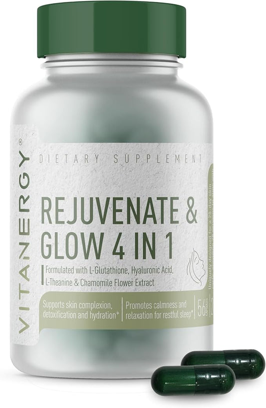 Beauty Sleep & Skin Glow Supplement – 4-in-1 Nighttime Support with L-Glutathione, Hyaluronic Acid, L-Theanine & Chamomile – Vegan, Made in USA, 56 Capsules