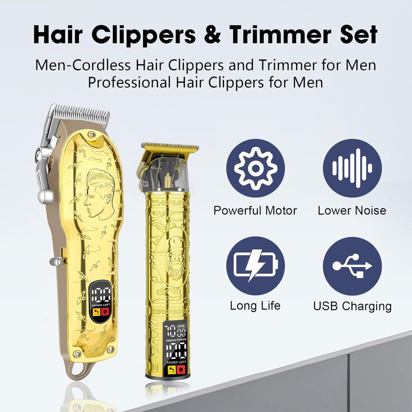 Men’s Gold Hair Clippers, Cordless Professional Barber Clippers & Trimmers with LED Display, Long Runtime, Electric Grooming Kit for Haircuts & Beard Trimming,Gift for Husband, Father, Boyfriend