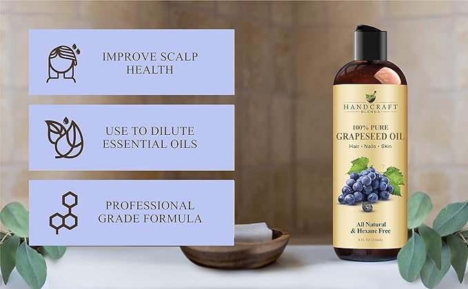 Handcraft Blends Grapeseed Oil - Cold-Pressed 8 Fl Oz - 100% Pure and Natural - Premium Grade Carrier Oil for Skin and Hair - Hair and Body - Massage - Hexane-Free