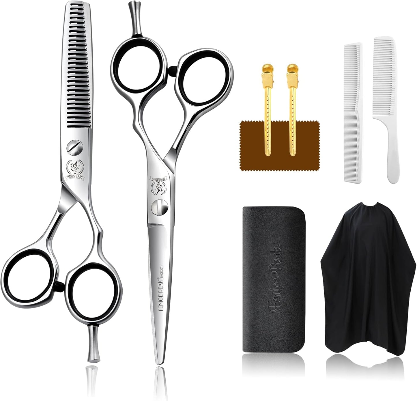 Fenice Peak 5.5'' Hair Cutting Scissors Set, Professional 440C Stainless Steel Barber Shears Kit with Cutting & Thinning Scissors, 9 PCS Hairdressing Tools for Men Women Salon Home Use