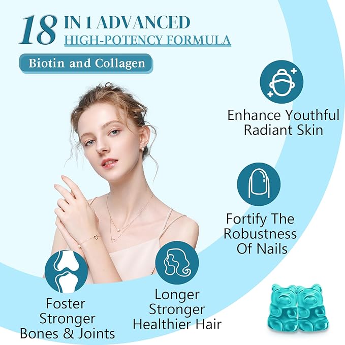 Biotin Gummies with Collagen, Keratin, Hyaluronic Acid, Vitamin for Skin, Hair Growth, Nails, Women Men Adults Kids - 60 Blueberry Flavored Gummies