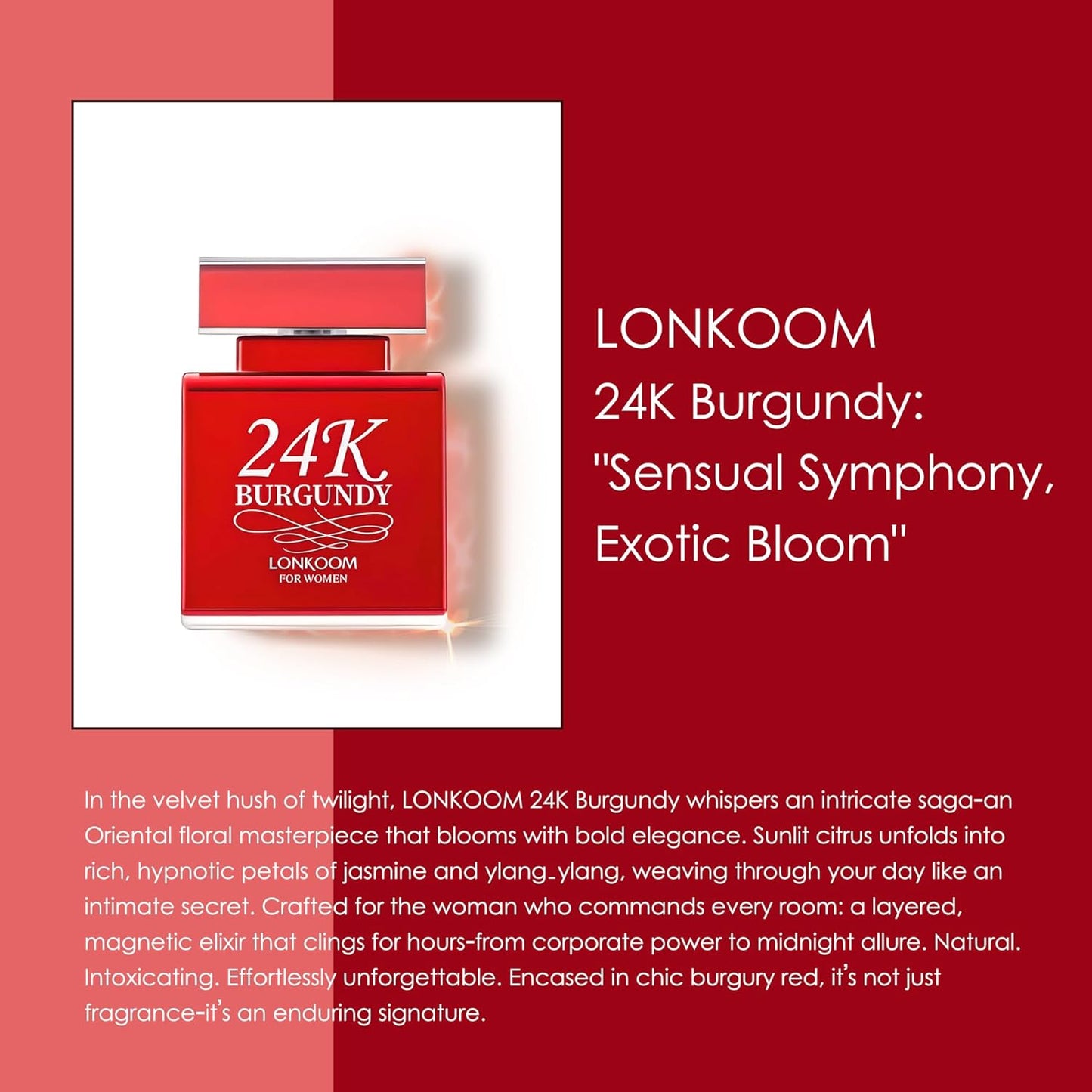 Lonkoom 24K Burgundy Perfume for Women, 3.4 Fl Oz/100ml Sweet Rose Eau de Parfum Spray Long-Lasting Fragrance, Oriental Floral Notes of Rose Orange Blossom Musk Vanilla Tangerine Bergamot Jasmine