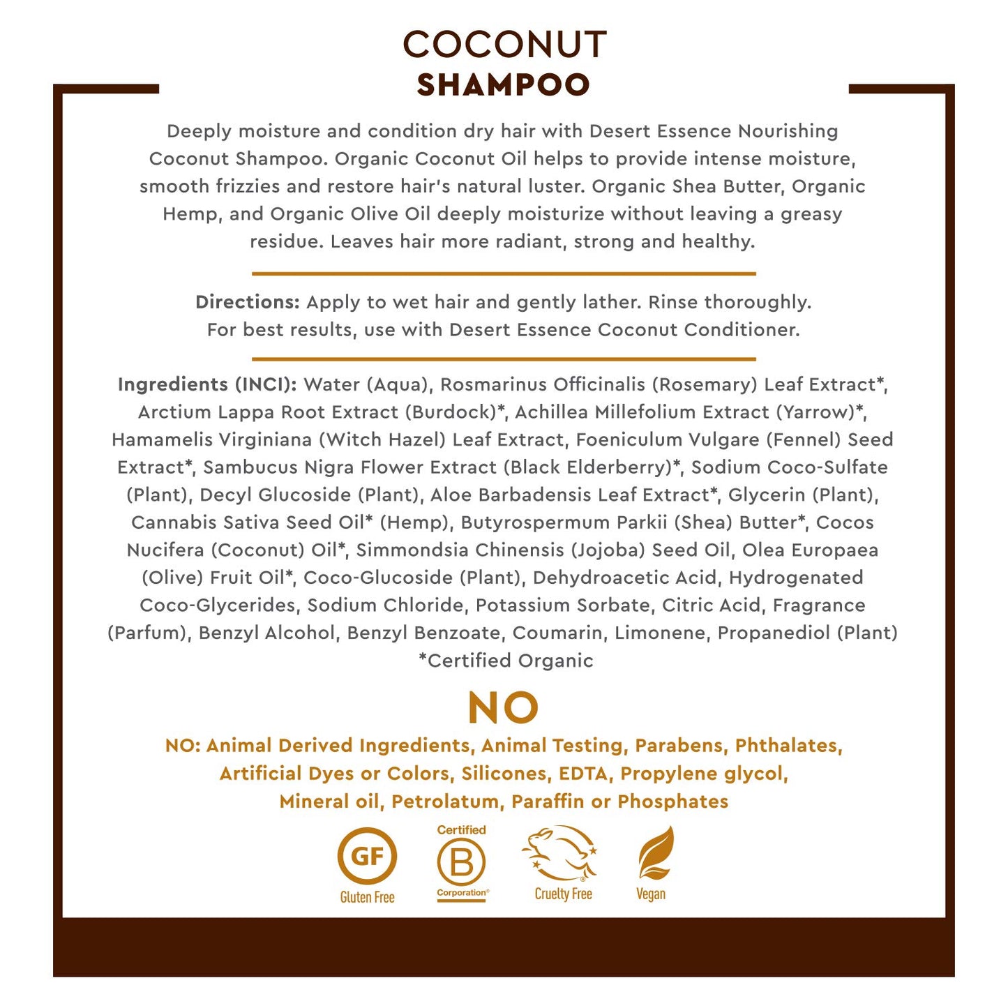 Desert Essence Coconut Shampoo, 8 fl oz - Gluten Free, Vegan, Paraben Free - Nourishing for Dry Hair with Coconut Oil, Shea Butter, & Hemp Oil - Mousturizes & Smooths Frizz 8 fl oz.