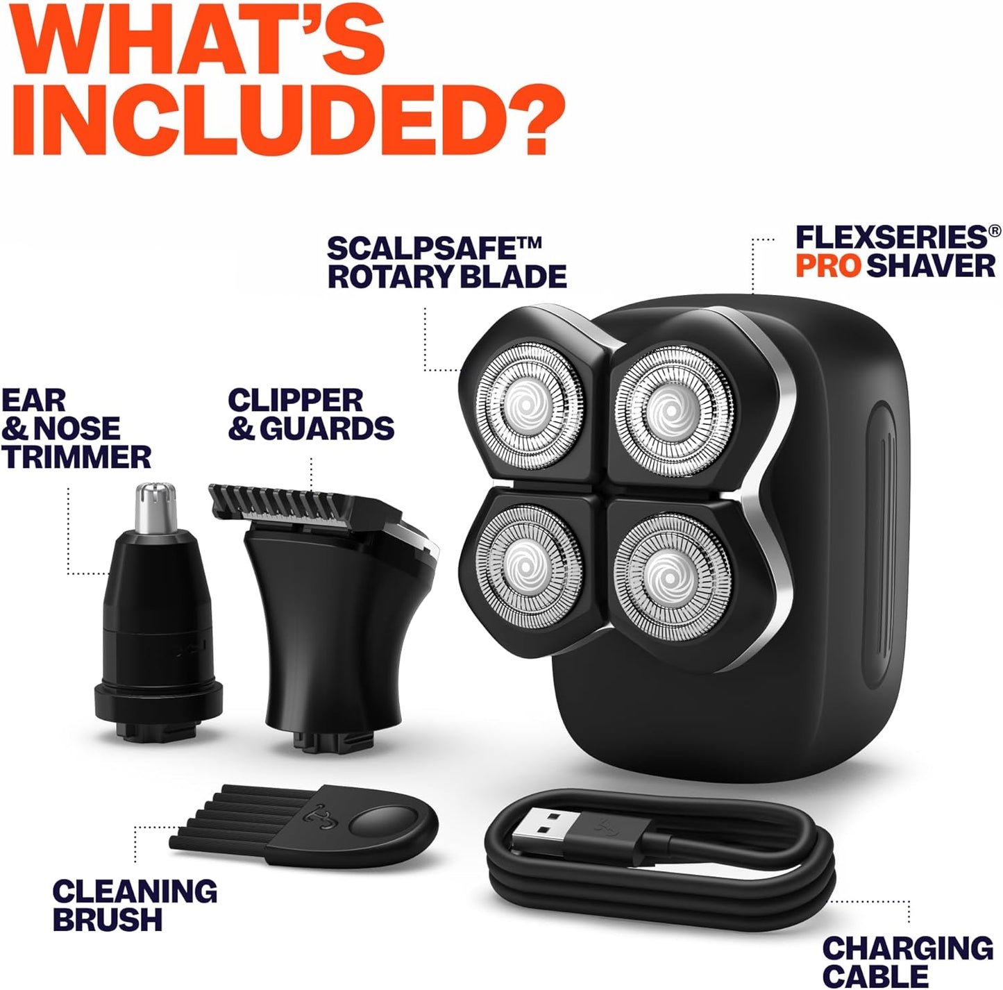 Freebird FlexSeries Pro Electric Head & Body Shaver - Mens Cordless Rechargeable Wet/Dry Skull Bald Head Back & Groin Waterproof Razor with Rotary Blades, Clippers, Nose Trimmer, Brush, Massager