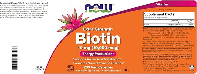 NOW Foods Extra Strength Biotin 10000mcg / 10 mg - 200 Veg Capsules (Pack of 2) - Hair, Skin, Nail - Supplement for Men and Women - B7 Vitamin - Vegetarian, Vegan, Non-GMO
