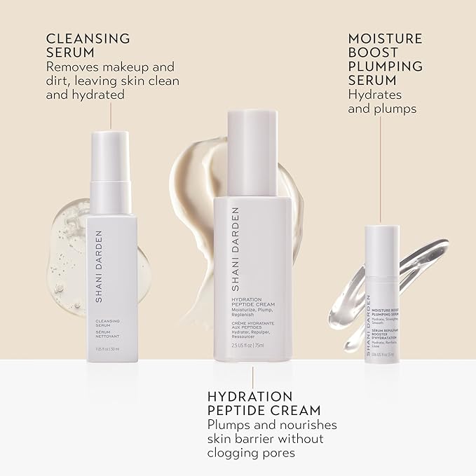 SHANI DARDEN Skin Care Hydrate and Replenish Trio, Facial Cleansing Serum Makeup Remover, Face Moisturizer Plumping Serum, and Hydrating Peptide Face Cream, 3 Piece Set