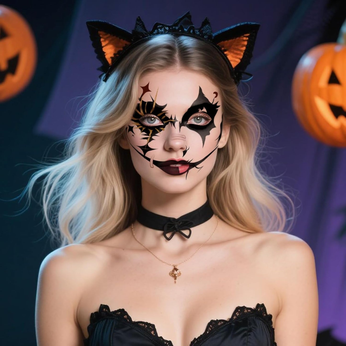 Halloween Black & Gold Glitter Face Tattoo, Face Temporary Tattoos Face Temporary Tattoo Sticker, Halloween Makeup Tattoo Stickers for Women, Men, Kids, Festival, Cosplay, Halloween 8Pcs