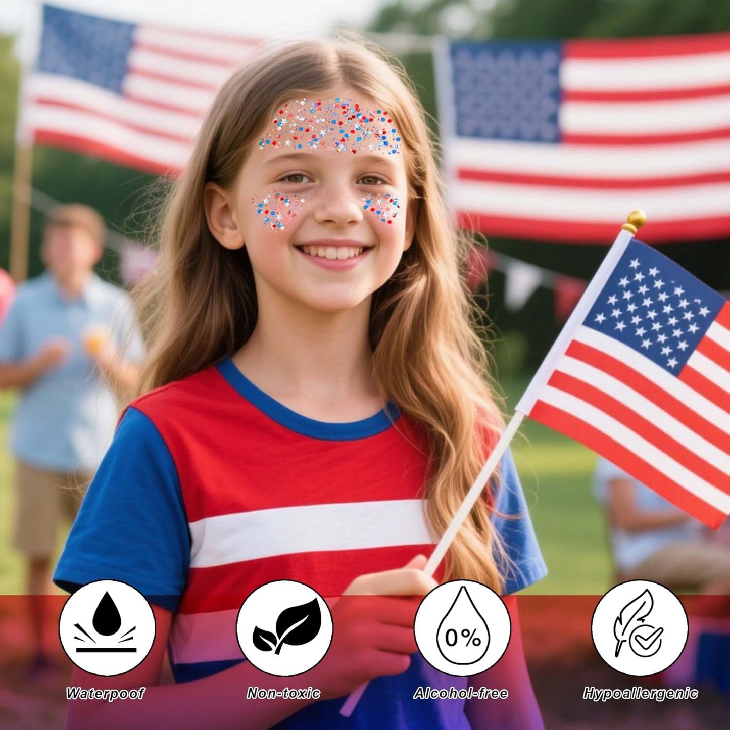 Red White Blue Hair Glitter Stick for Kids,Patriotic Face Body Glitter,4th of July Accessories,Fourth of July Outfits for Women,Patriotic Day Memorial Day Waterproof Chunky Glitter Makeup