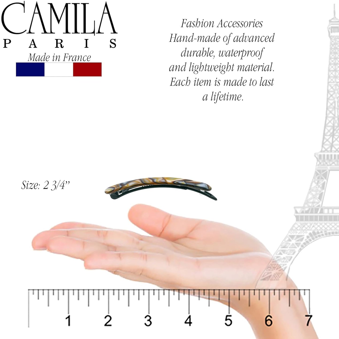 Camila Paris CP3373 French Hair Barrettes Clips for Women, Handmade, Girls Side Slide-in Barrette Clip, Hair Accessories for Women. Strong Hold No Slip Grip Fashion Durable Styling, Made in France