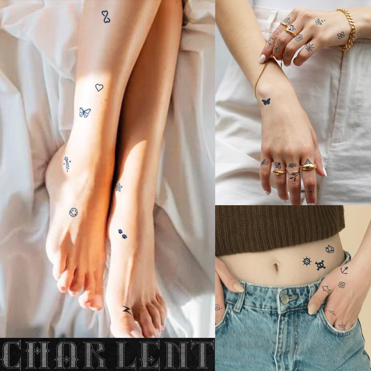 CHARLNET Tiny Small Semi-Permanent Tattoos for Adult - 2 Weeks Long Last Waterproof Realistic Mini Fake Tattoos for Women Men Finger Neck Body/Fades Naturally/No Reflection