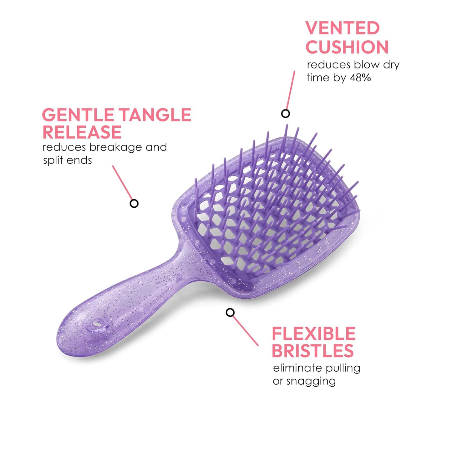 Detangling Brush for All Wet or Dry Hair Types - Pain-Free Brushing, Vented Hair Brush - Lightweight Handle with Extreme Flex to Contour to Scalp (Purple Glitter)