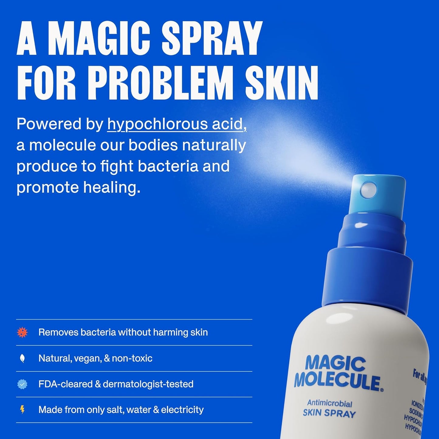 Magic Molecule Skin Cleanser for All Types, Hypochlorous Acid Spray Helps Heal Acne Prone, Eczema and Itchy Rashes and 50 Other Skin Ailments, 8 oz Spray (Pack of 3)