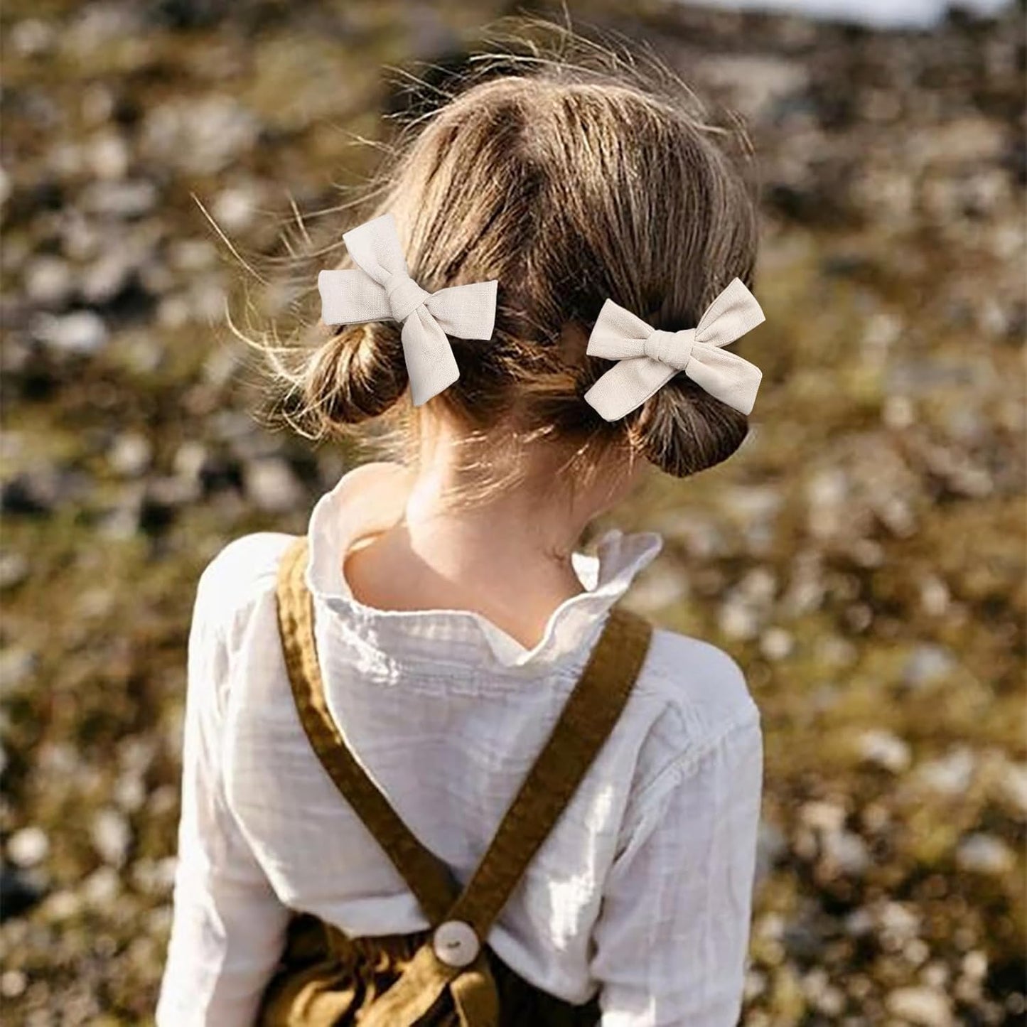 DEEKA Beige Cotton Linen Hair Bows 2 Sizes 5"&3.5" Soft Hair Bow set for Toddler Girls Long Ponytail Knot Bows Alligator Clip Hair Accessories for Little School Girls (Beige)