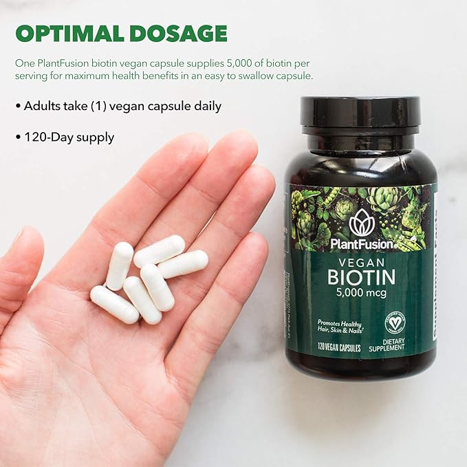 PlantFusion Vegan Biotin from, Premium Vegan Biotin for Women and Men (5000mcg), Natural Hair Skin and Nails Vitamins, 120 Vegan Capsules