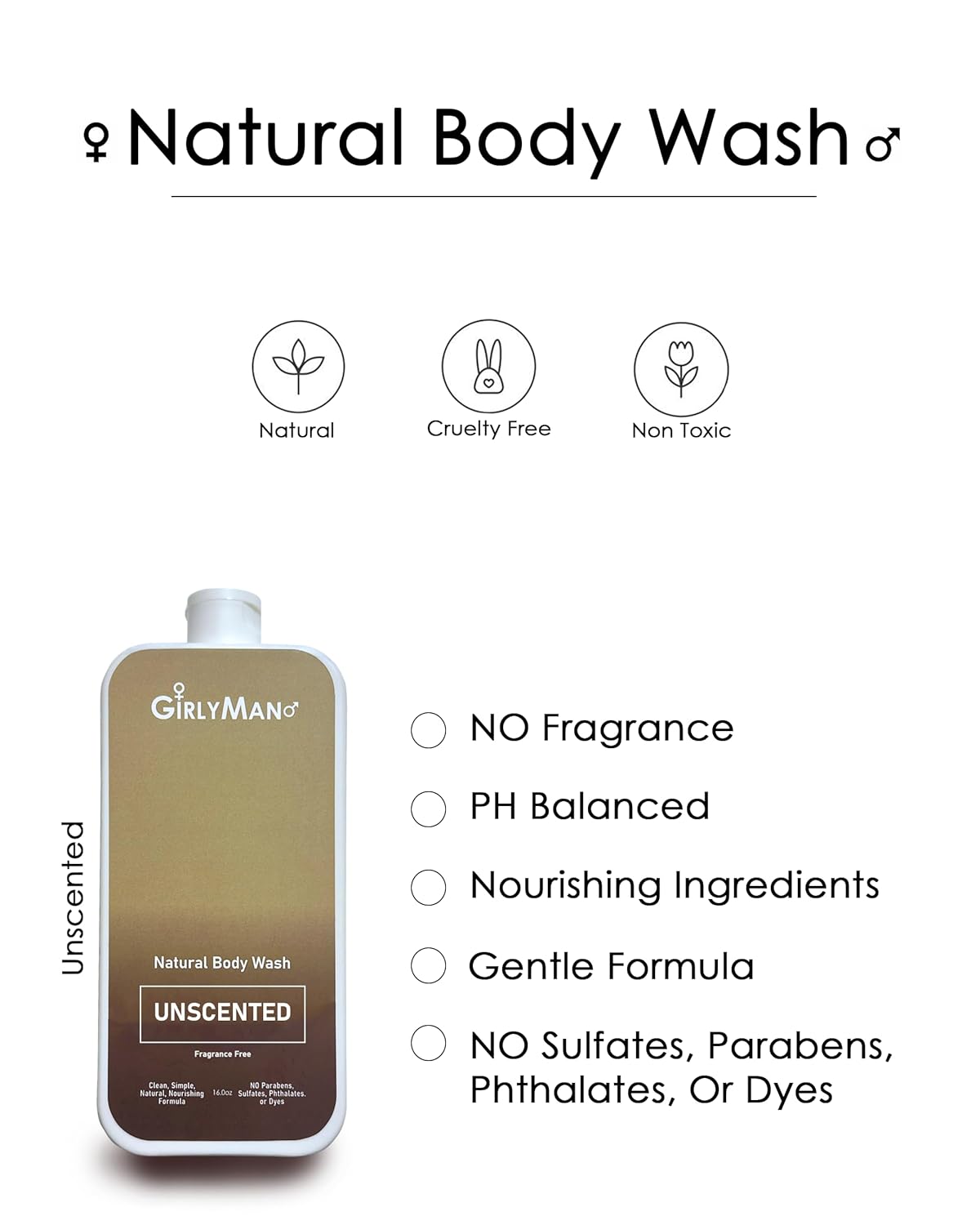 GirlyMan Natural Body Wash - Made with Olive Oil & Aloe Extract, No Artificial Fragrance, PH Balanced, Gentle Formula, Nourishing Ingredients, Family Owned (Unscented)