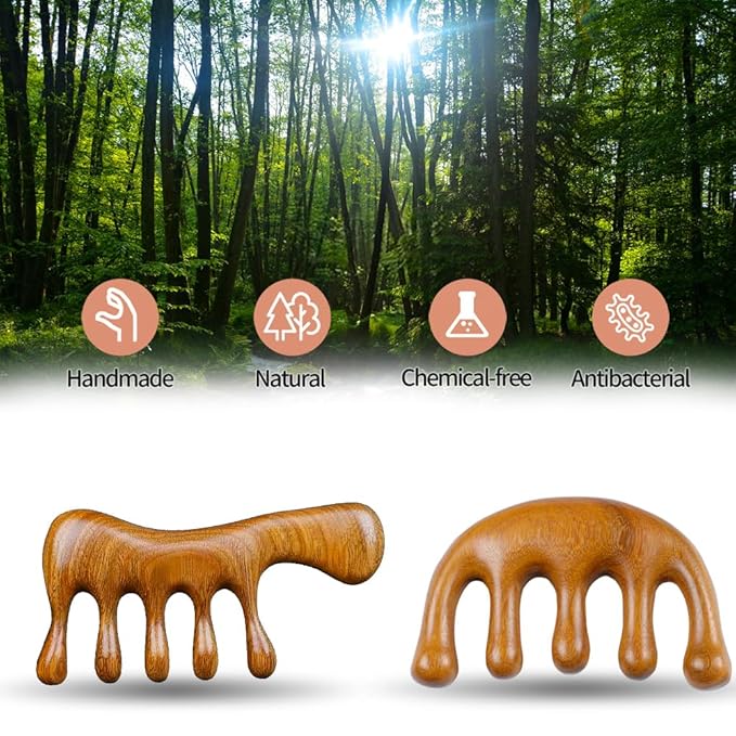 Wooden Massage Comb Scalp Massager - 2 Pack Sandalwood Loc Wide Tooth Detangler for Wet or Dry Hair - Manual Wood Massage Tools for Head Neck Back Hand - Hair Care Gift for Women