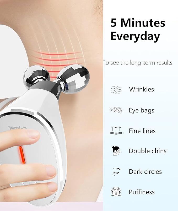 Micro-Current-Facial-Device, Face Roller Skin Care Tool, Face Massager Glossy White