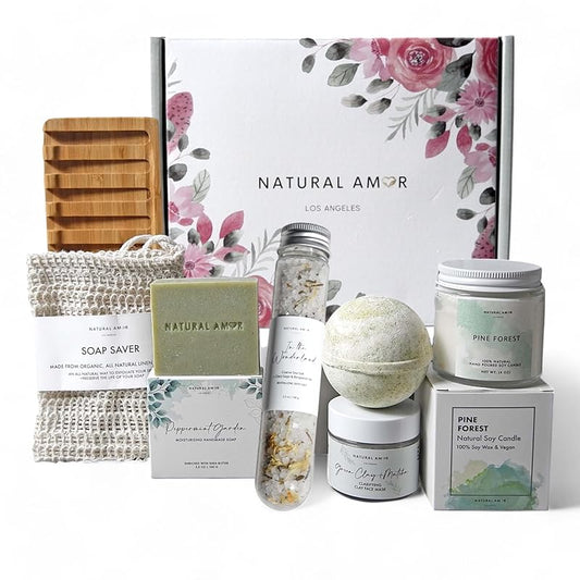 Natural Amor Cozy Spa Gifts for Women and Men,7pcs Self Care Box Including Soap Bar, Candle, Bath Bomb, Bath Salt, Thank You Gift