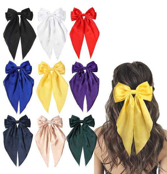 Furling Pompoms Hair Accessories: Large Satin Bow Clips with Long Tails and Alligator Clips for Women and Girls, 9pcs Colorful Bows