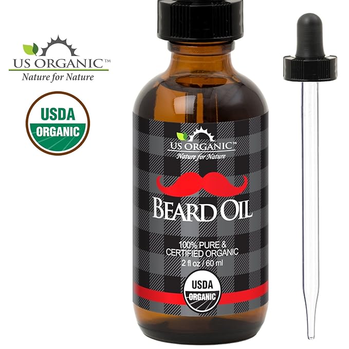 US Organic Beard Oil, 100% Pure, USDA Certified, Softens, shine, moisturizes, Amber Glass Bottle with Eye Dropper, 2 Ounce