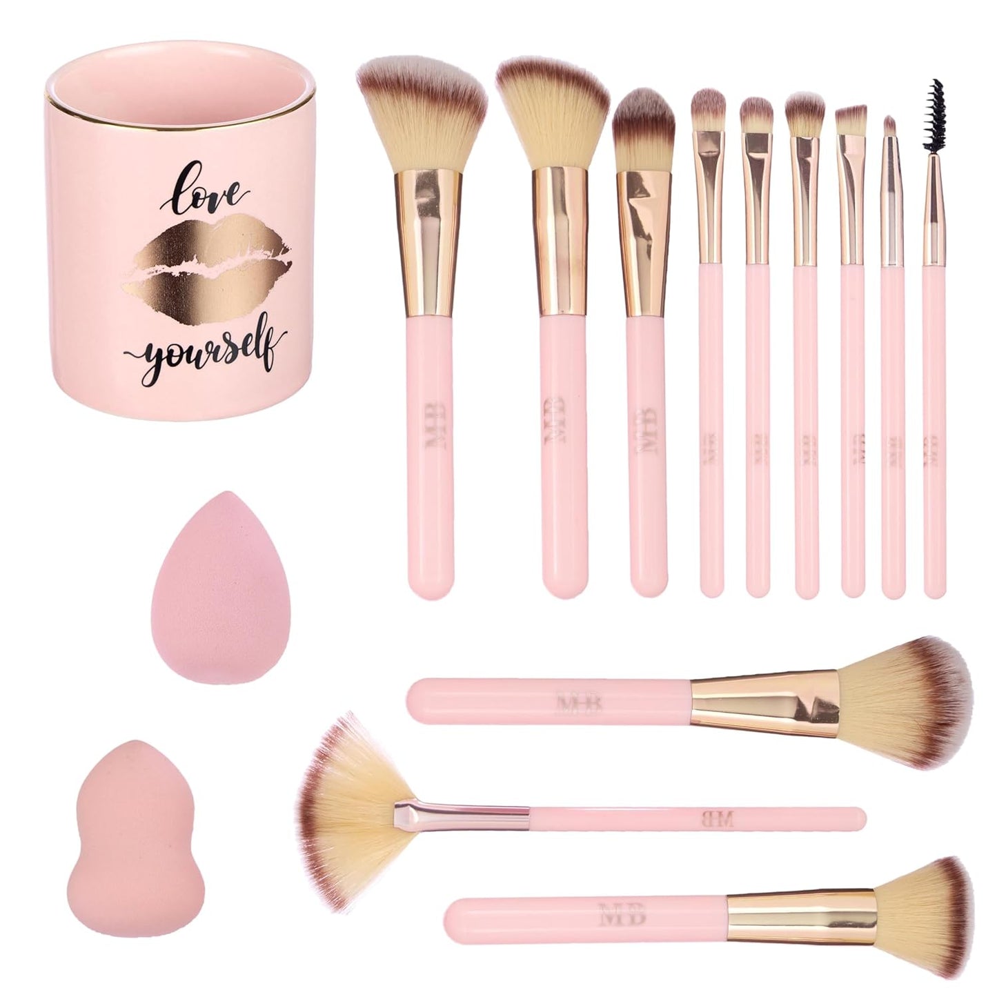 15pc Beauty Set - Beautiful Makeup Brush Collection with Beauty Blenders, Spoolie and Storage Tumbler | Professional Cosmetic Brushes For Seamless Makeup Application