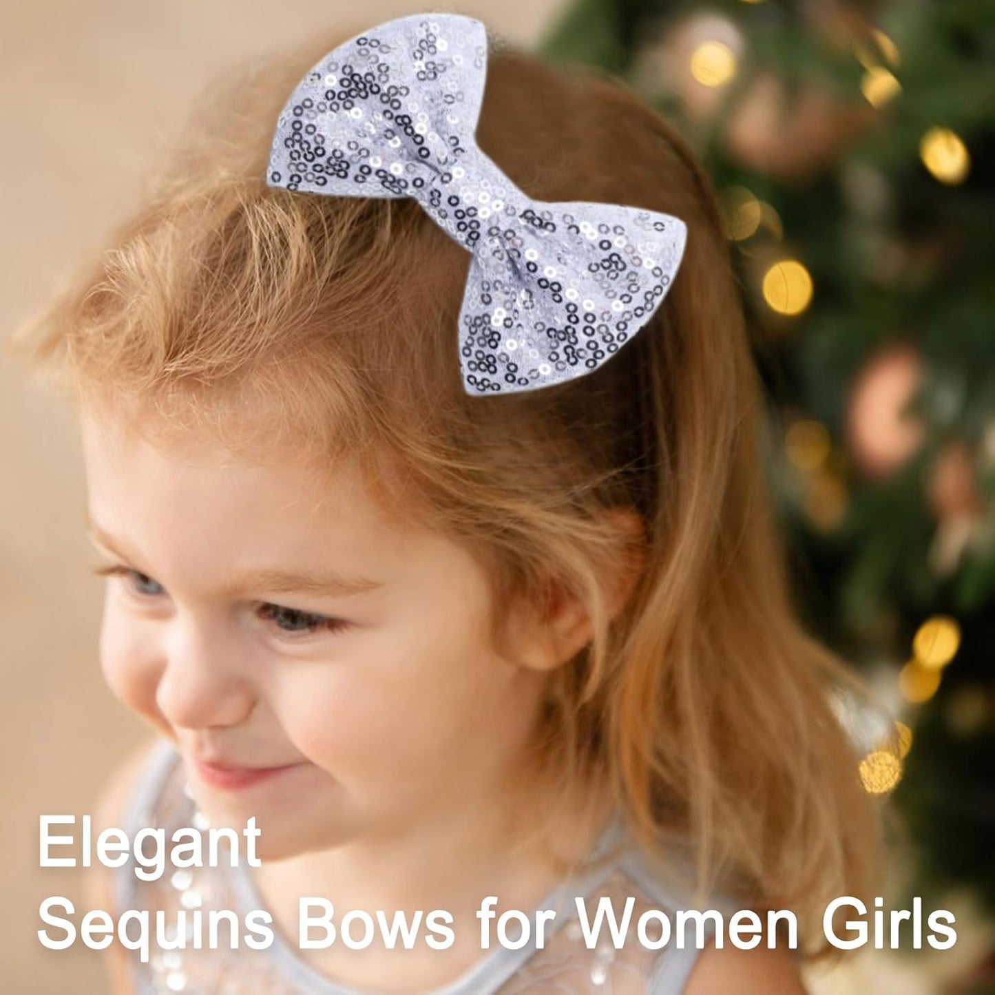 KISZU 4 Inch Sequin Glitter Hair Bows Clips, Sparkling Bling Little Bow HairPins Hair Accessories for Baby Girls Kids Children Teens and Women (Sliver)