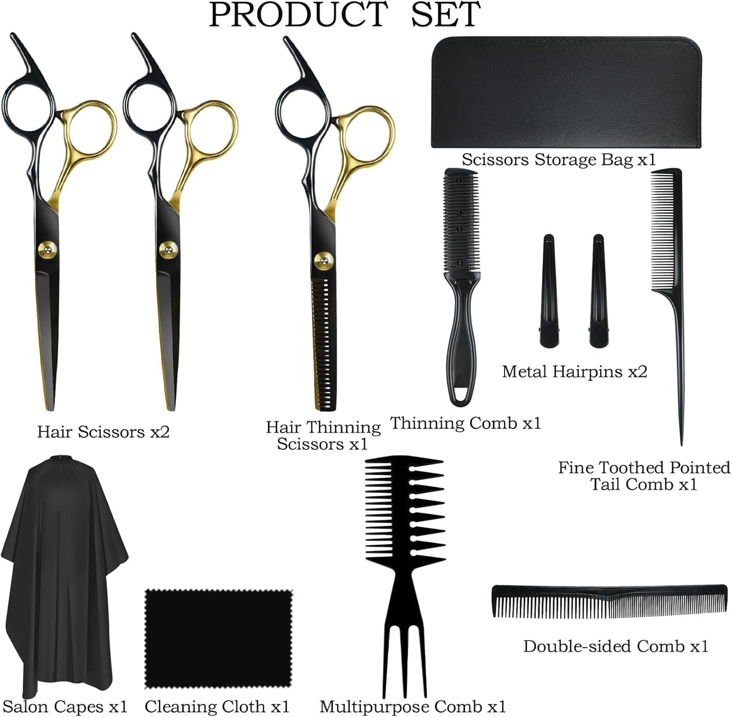 Niura 12 PCS Hair Cutting Scissors Set - Professional Barbers & Salon Kit: Cutting & Thinning Scissors, Comb, Cape, Clips for Men, Women, Kids & Pet