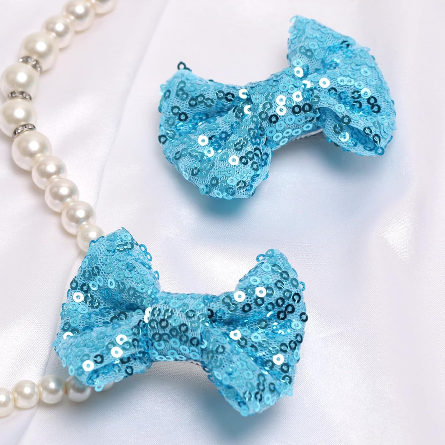KISZU 3 Inch Glitter Hair Bows Clips, Sparkling Sequin Little Bow HairPins for Baby Girls Children Teens and Women (Blue)