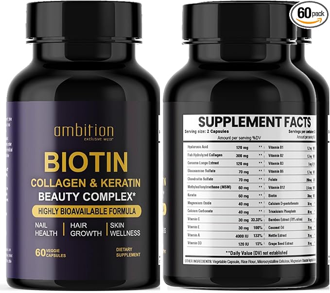 Hyaluronic Acid, Biotin, Collagen, Keratin, Cucurma, Vitamins 25,000 Beauty Complex, 60 Veggie Capsules, Hair Growth, Nail Join Bone Health Supplement