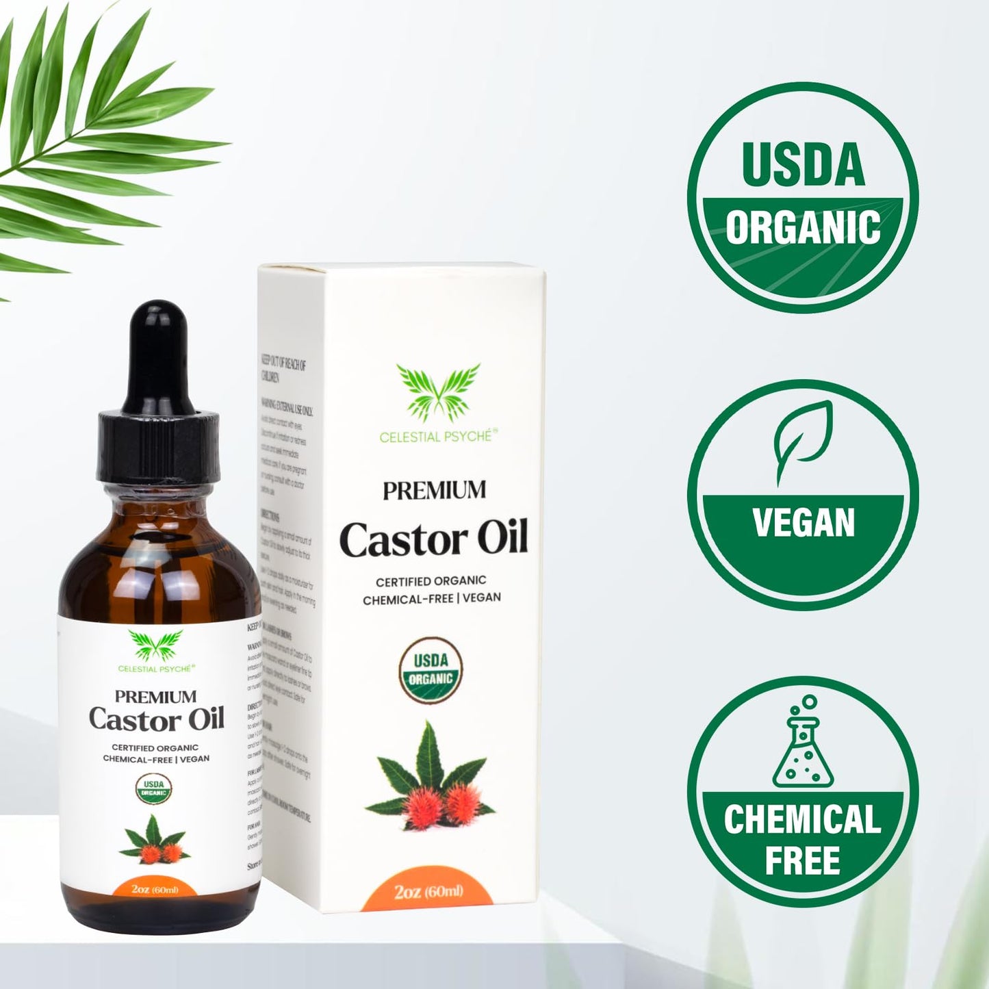 USDA Certified Organic Castor Oil (2 Oz with Essential Bundle - Eyebrow Kit) 100% Pure Natural, Chemical-Free, Hexane-Free, Promote Lash, Brow, and Hair Growth, Skin Hydration