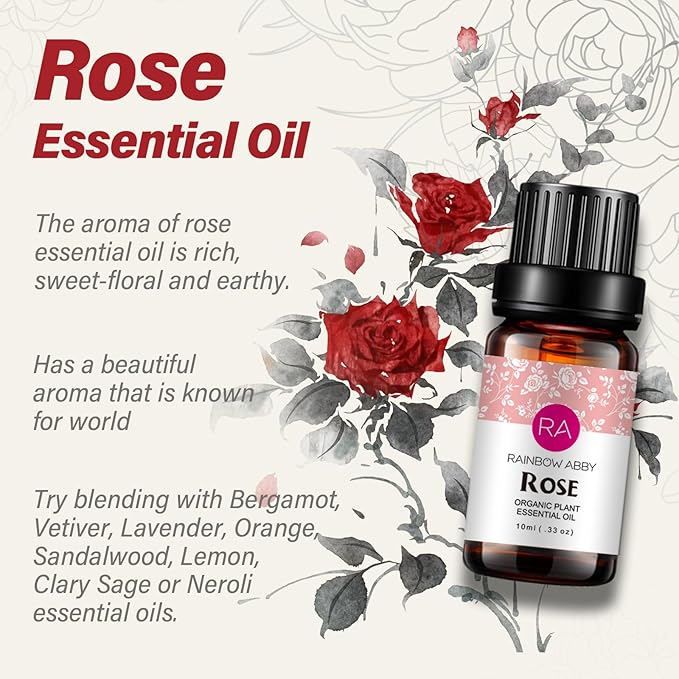Rose Essential Oil Pure Organic Rose Oil for Diffuser, Perfume, Massage, Aroma, Bath - 10ML
