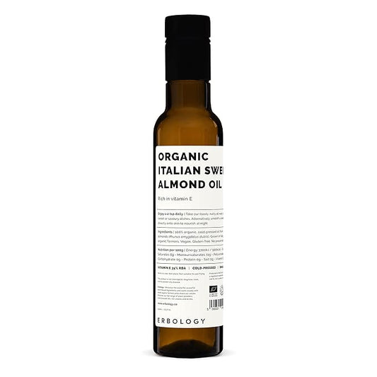 100% Organic Sweet Almond Oil 250ml - Cold-Pressed - Rich in Skin-Nourishing Vitamin E - Straight from Farm in Italy - Non-GMO - No Additives or Preservatives - Recyclable Glass Bottle