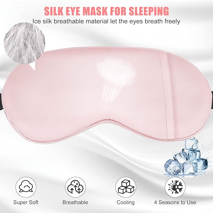 Cooling Eye Mask for Sleeping, Silk Sleep Mask w/Gel Eye Mask, Heated Eye Masks, Blindfold Eye Cover Women Sleeping Mask for Home, Office, Travel, Yoga, Medditation, Stocking Stuffers(Pink)