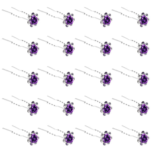 20 Pack (Purple) Crystal Hair Pins Rose Flower Rhinestone Hair Clips for Bridal Wedding Women Hair Jewelry Accessories, with Clear Container