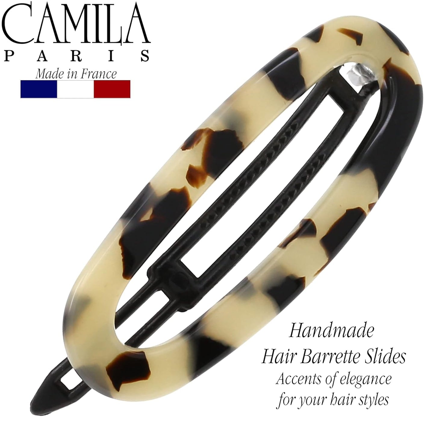 Camila Paris CP3364 French Hair Barrette Clip for Women, Handmade, White Tokyo, Slide-in Metal-Free Closure, Strong Hold Grip Hair Clips for Girls, No Slip Durable Hair Accessories, Made in France