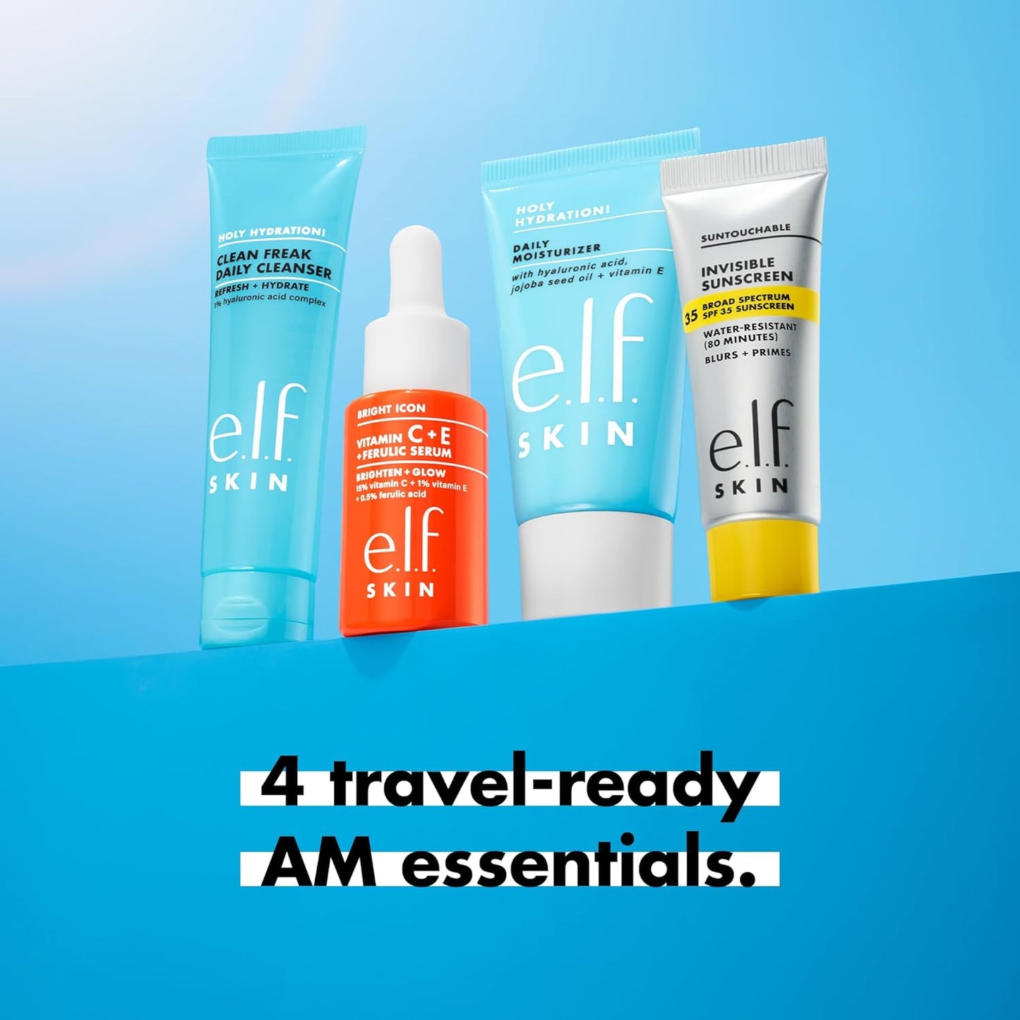 e.l.f. SKIN Wake the e.l.f. Up Skincare Kit, Travel-Size Hydrating Face Cleanser, Sunscreen, Moisturizer & Brightening Serum, Vegan & Cruelty-Free