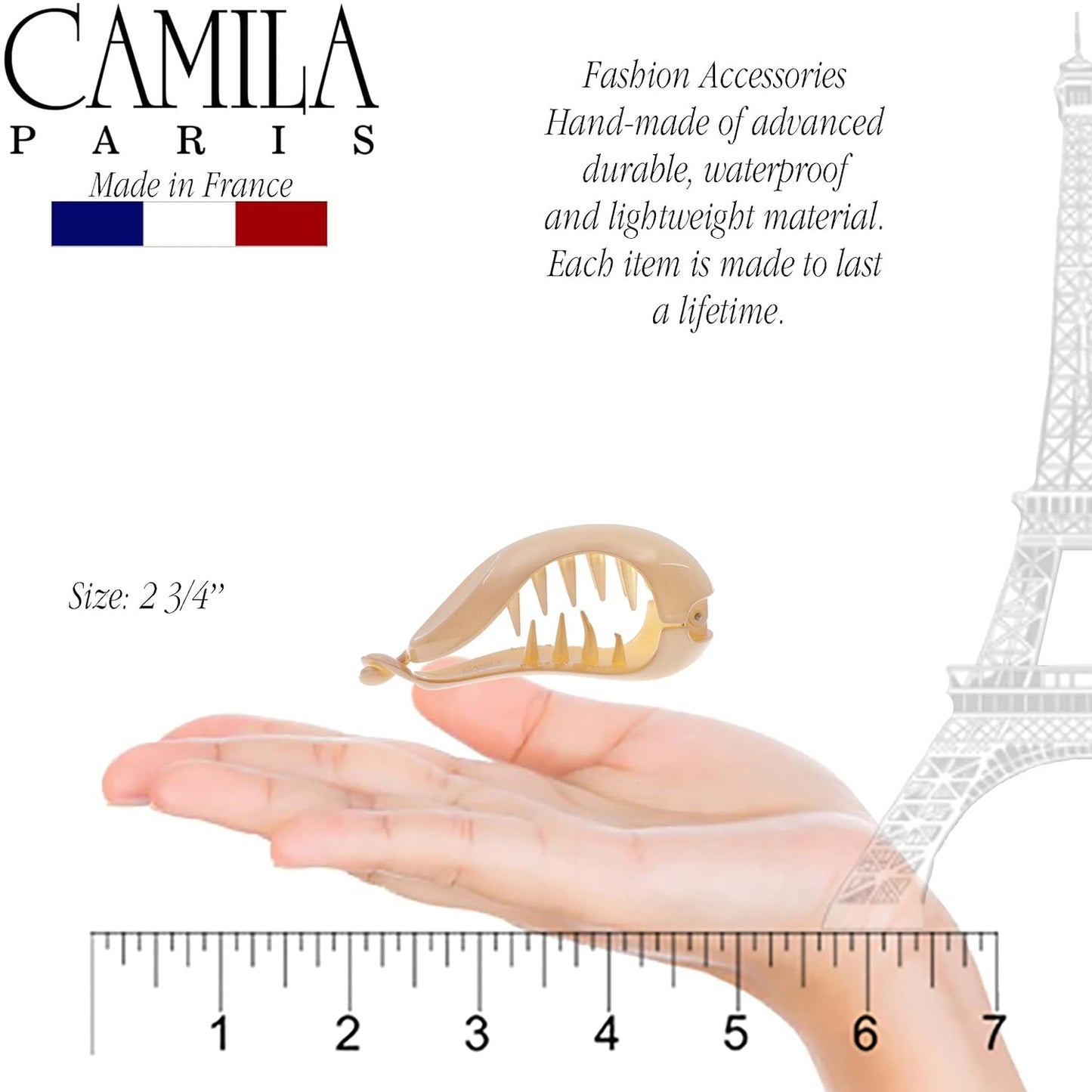 Camila Paris CP3044 2.75 Inch Small Hair Clips for Women Beige, Strong Hold Decorative, Durable Styling Girls Hair Accessories. Hair Ponytail For Women with Curly Thick Hair. Made in France