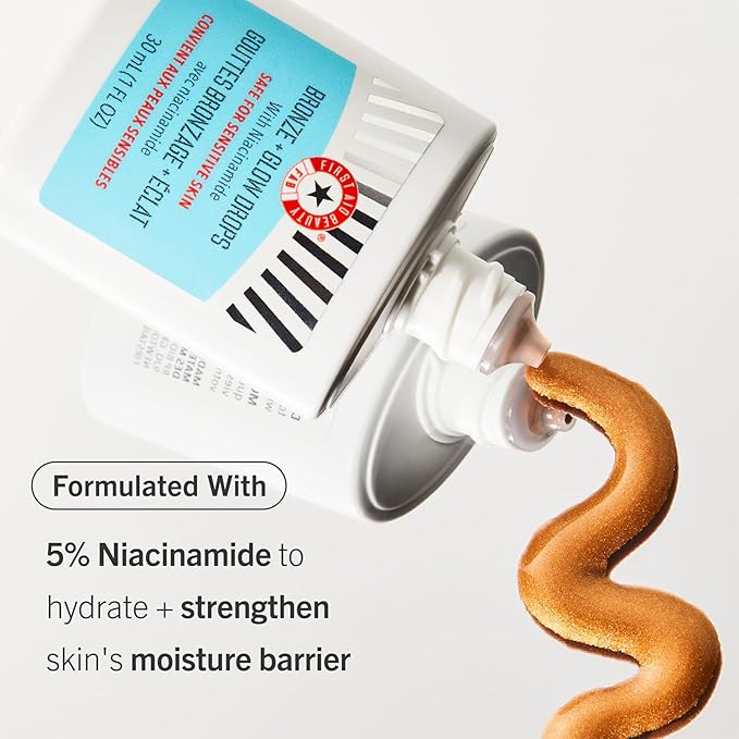 First Aid Beauty - Bronze + Glow Drops with Niacinamide, Visibly Evens Skin Tone, Blurs Pores and Hydrates for 24 hours with a Bronze Kiss of Color, Non-Comedogenic, Safe for Sensitive Skin, 1 oz