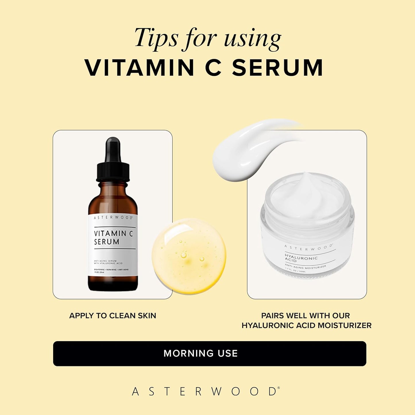 Asterwood Vitamin C Face Serum - with Hyaluronic Acid - Smoothing, Hydrating, Stimulates Collagen Production - Fragrance-Free - 1 Fl Oz