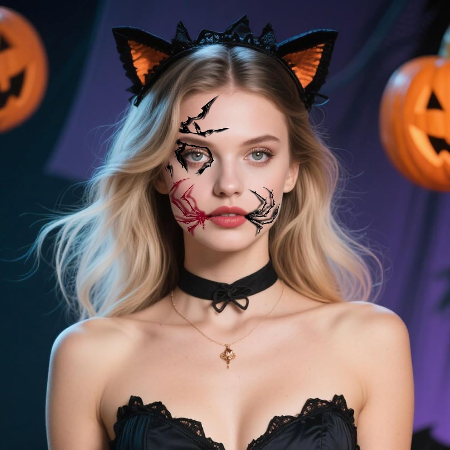 Halloween Face Tattoos, Spider Silhouette & Glitter Stars Face Tattoos,Horror Face Temporary Tattoos,Cosplay Face Makeup Tattoo Stickers, Easy Temporary Face Body Decals for Women,Girls 8Pcs