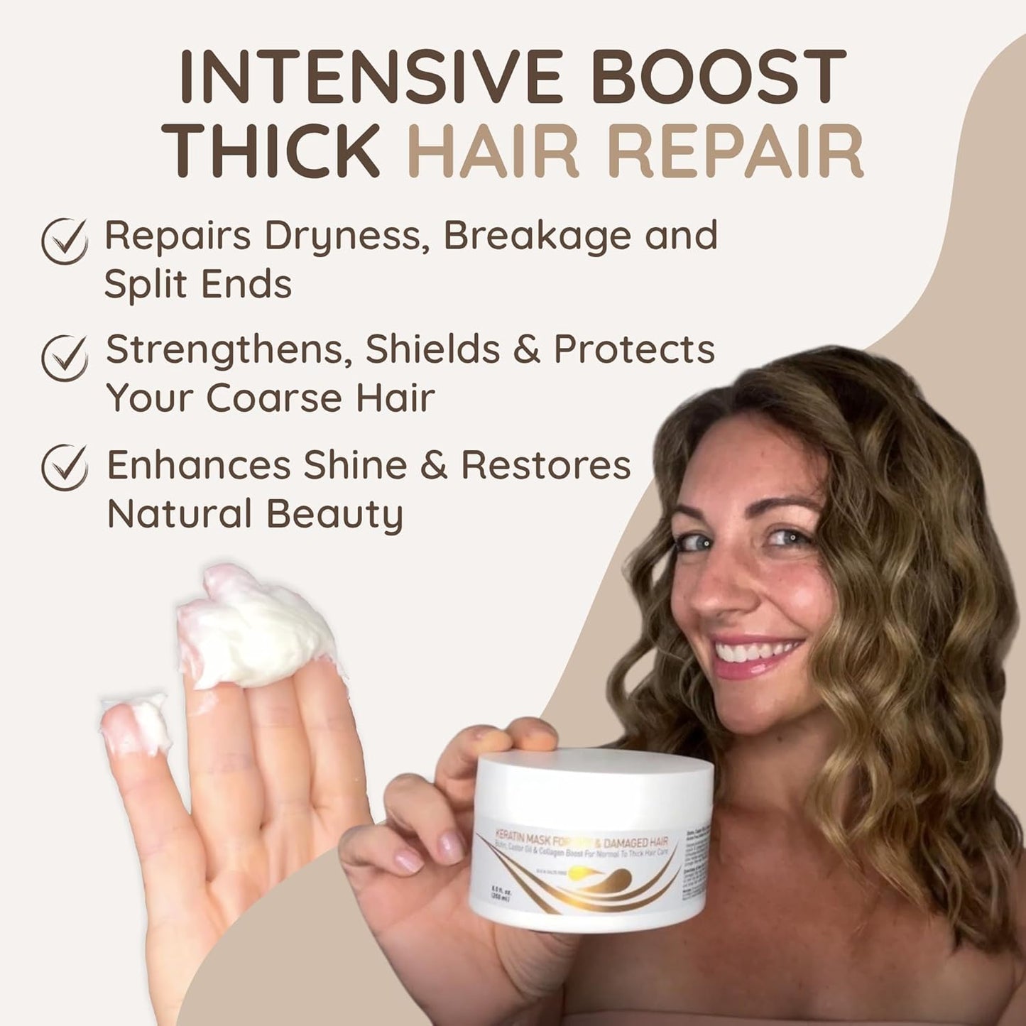 VITAMINS hair cosmetics Keratin Hair Mask Deep Conditioner for Dry Damaged Hair - Biotin, Collagen & Castor Oil Deep Conditioning, Repairs Split Ends & Restores Shine - For Thick Locks