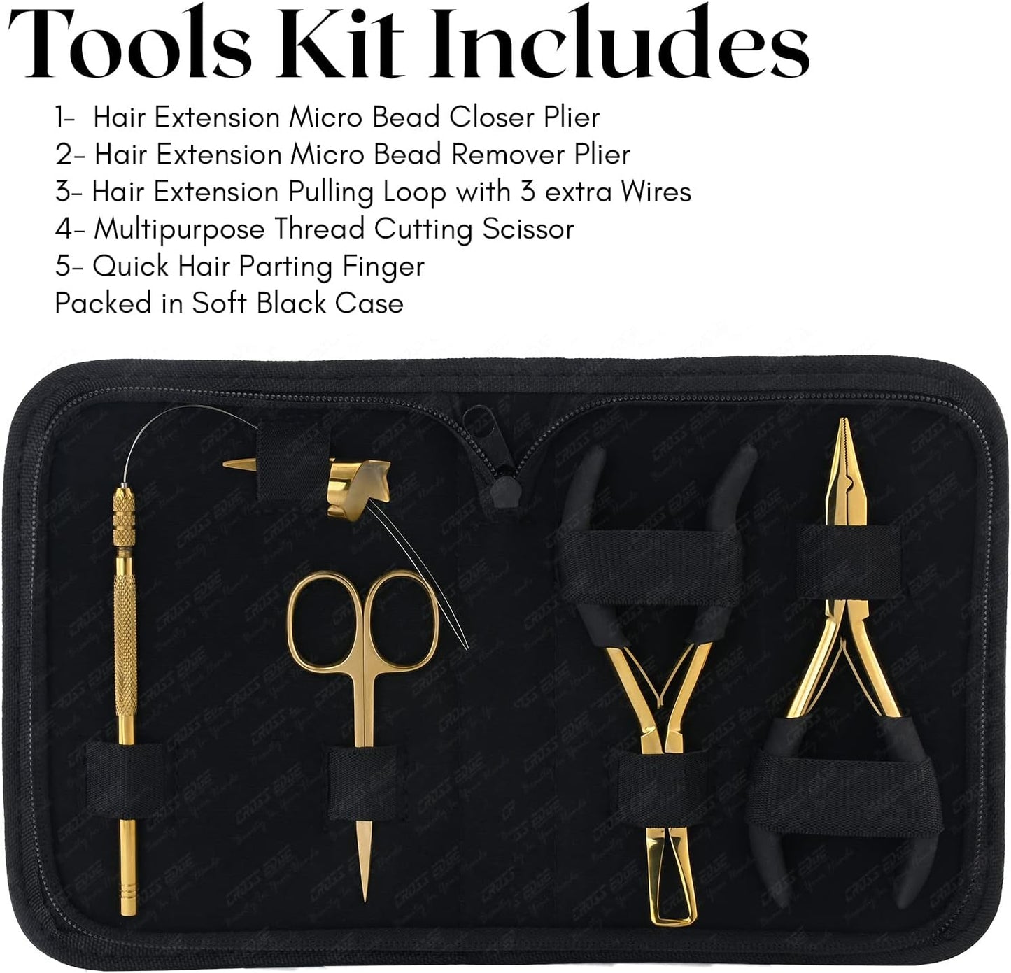 Hair Extension Tools Kit – Micro Beads Remover & Crimping Pliers, Hair Loop Tool with Extra Wires, Quick Parting Tool & Mini Scissor in Soft Case for I-Tip, Sew in & Microlink Extensions