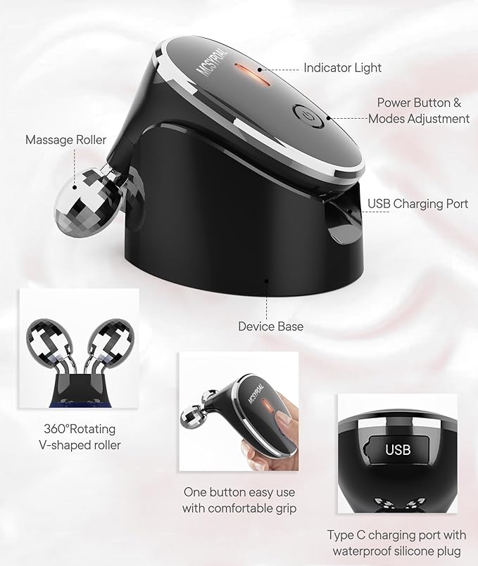 Micro-Current-Facial-Device, 5-in-1 Facial Roller Massager for Skin Care at Home, Face Massager Tool, Black