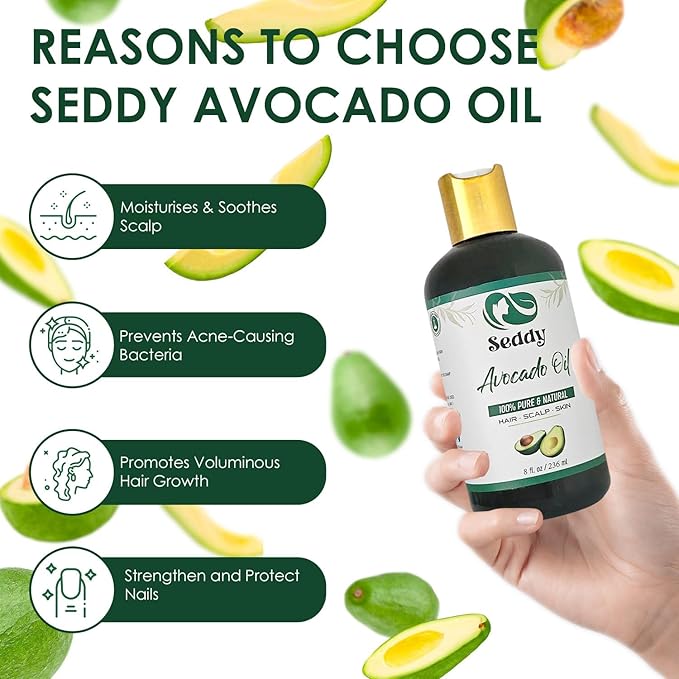Seddy Avocado Oil - 100% Pure & Natural Oil for Hair, Skin, Face, Body, & Nails | Unscented | Hexane-Free | Natural Carrier Oil | Premium Moisturizer | Ideal for DIY Beauty Blend - 8 Fl. Oz